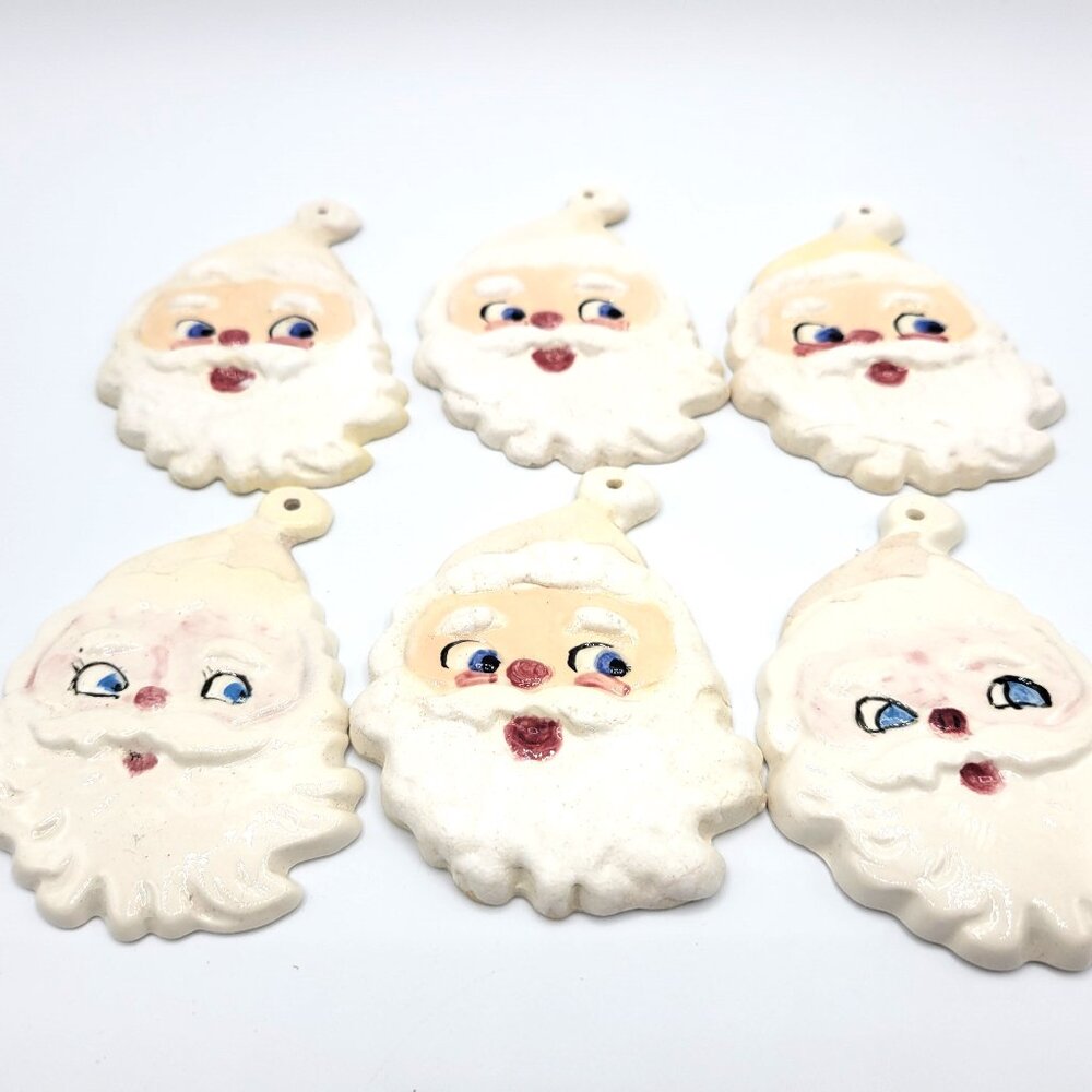 6 Ceramic Santa Claus Heads,  Ornaments Christmas Holiday Handmade